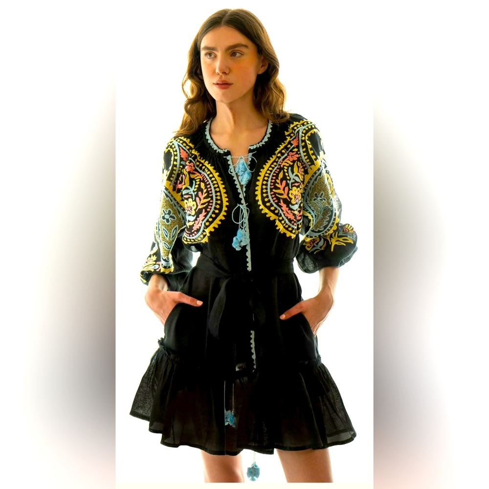 March 11 Black Linen Embroidered Sara Dress Coverup $495